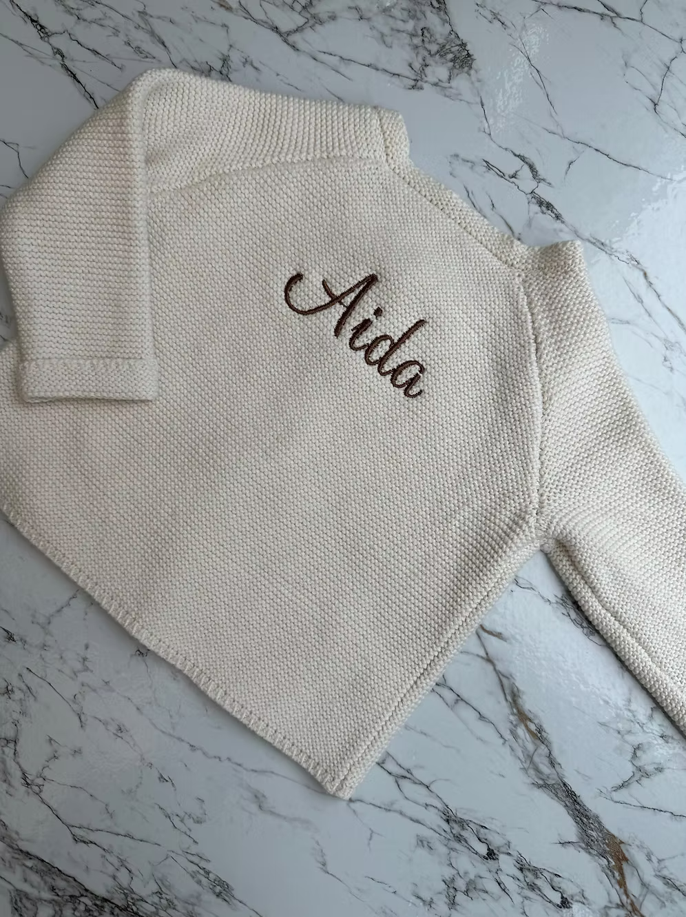Beige Girls Cardigan With Embroidery Name