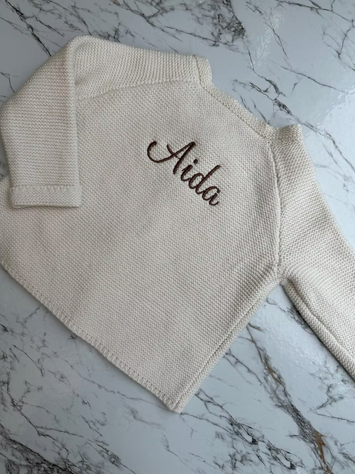 Beige Girls Cardigan With Embroidery Name