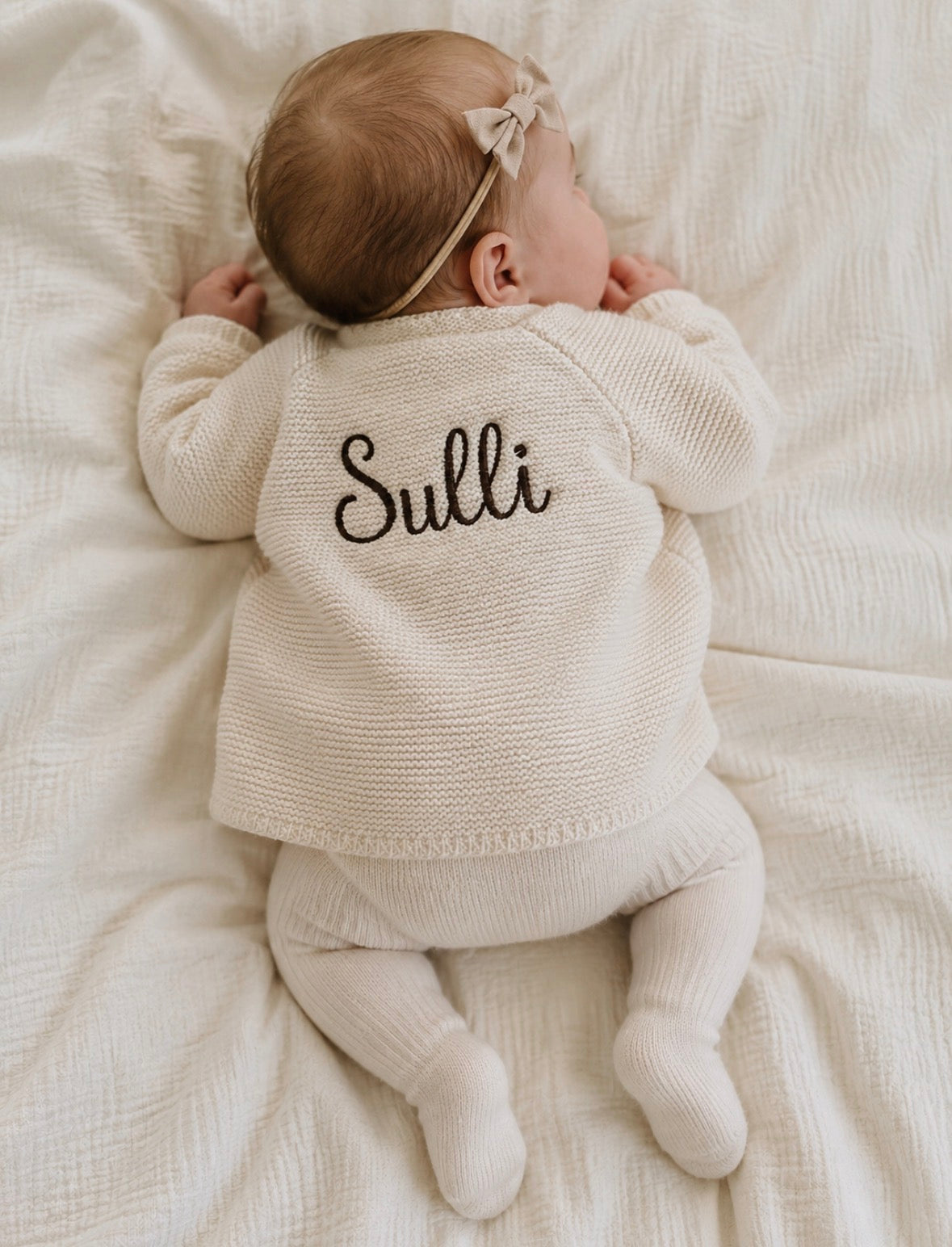 Beige Girls Cardigan With Embroidery Name