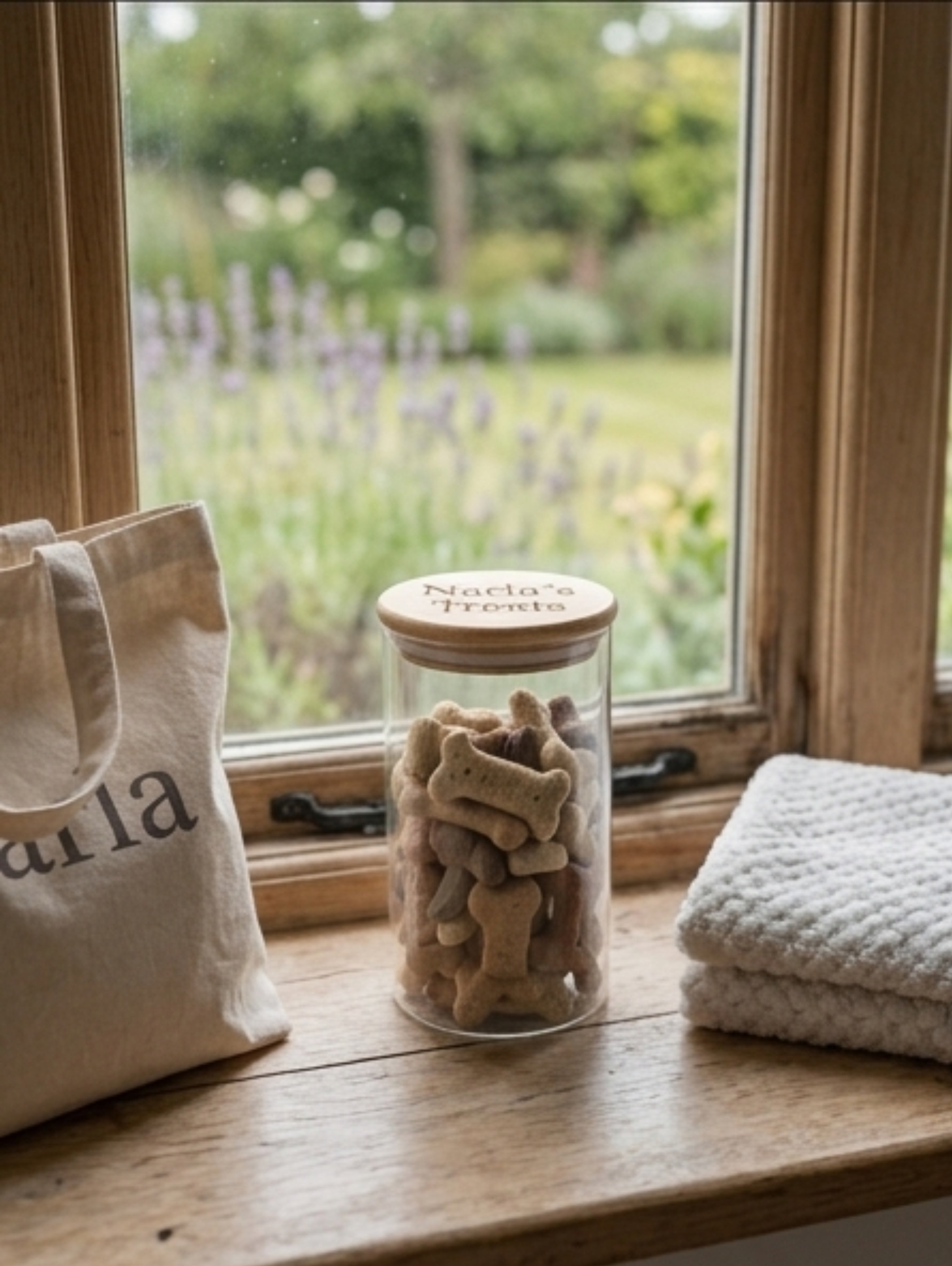 Jar of dog treats next to a bag with 'Nala' branding, on a windowsill with a garden view.