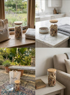 Collage of Narla pet treats in jars and bags in various settings.