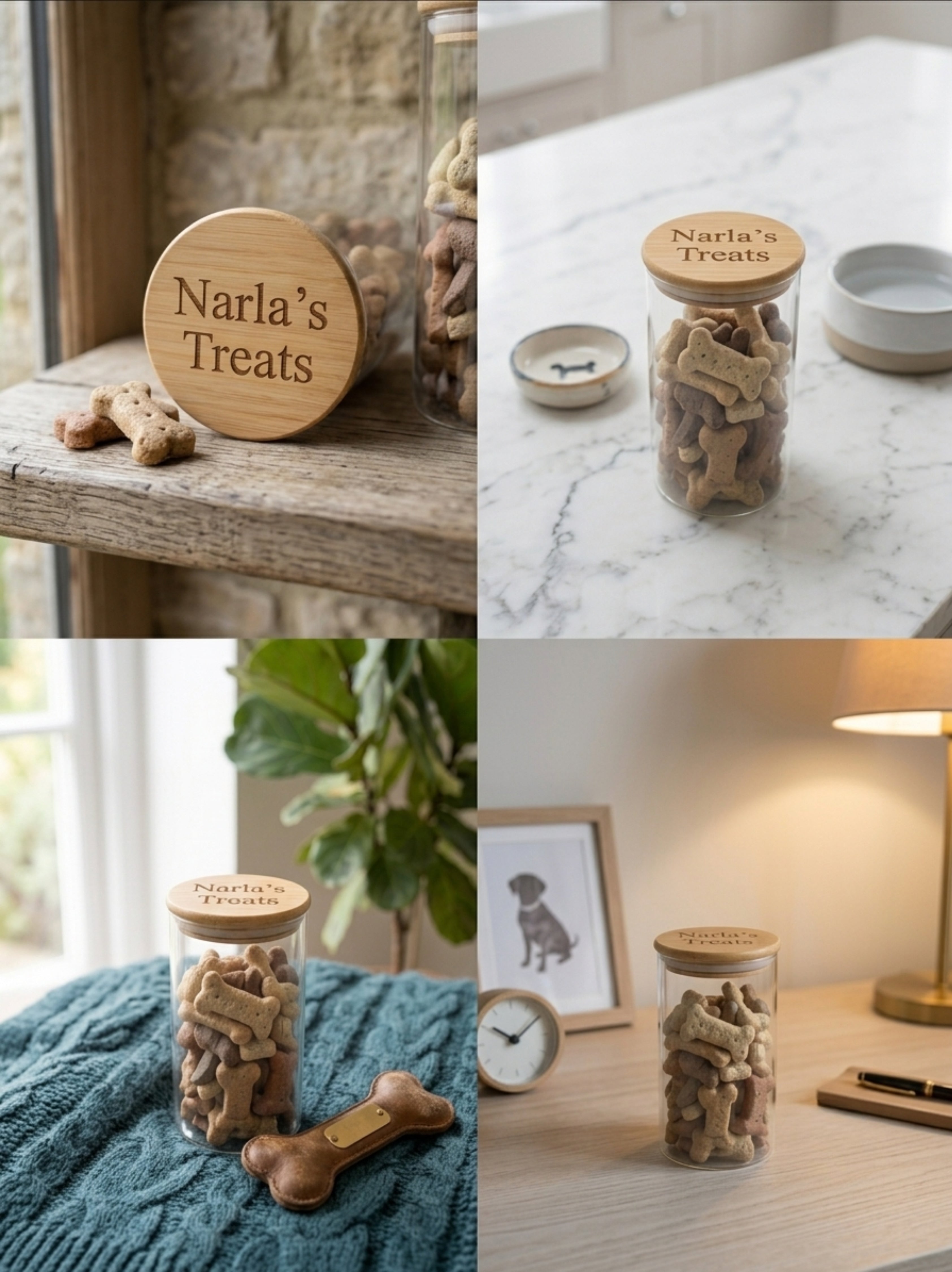 Collage of wooden jars labeled 'Narla's Treats' with pet treats inside, placed on various surfaces.