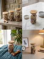 Collage of glass jars with wooden lids containing dog treats, placed in various settings.