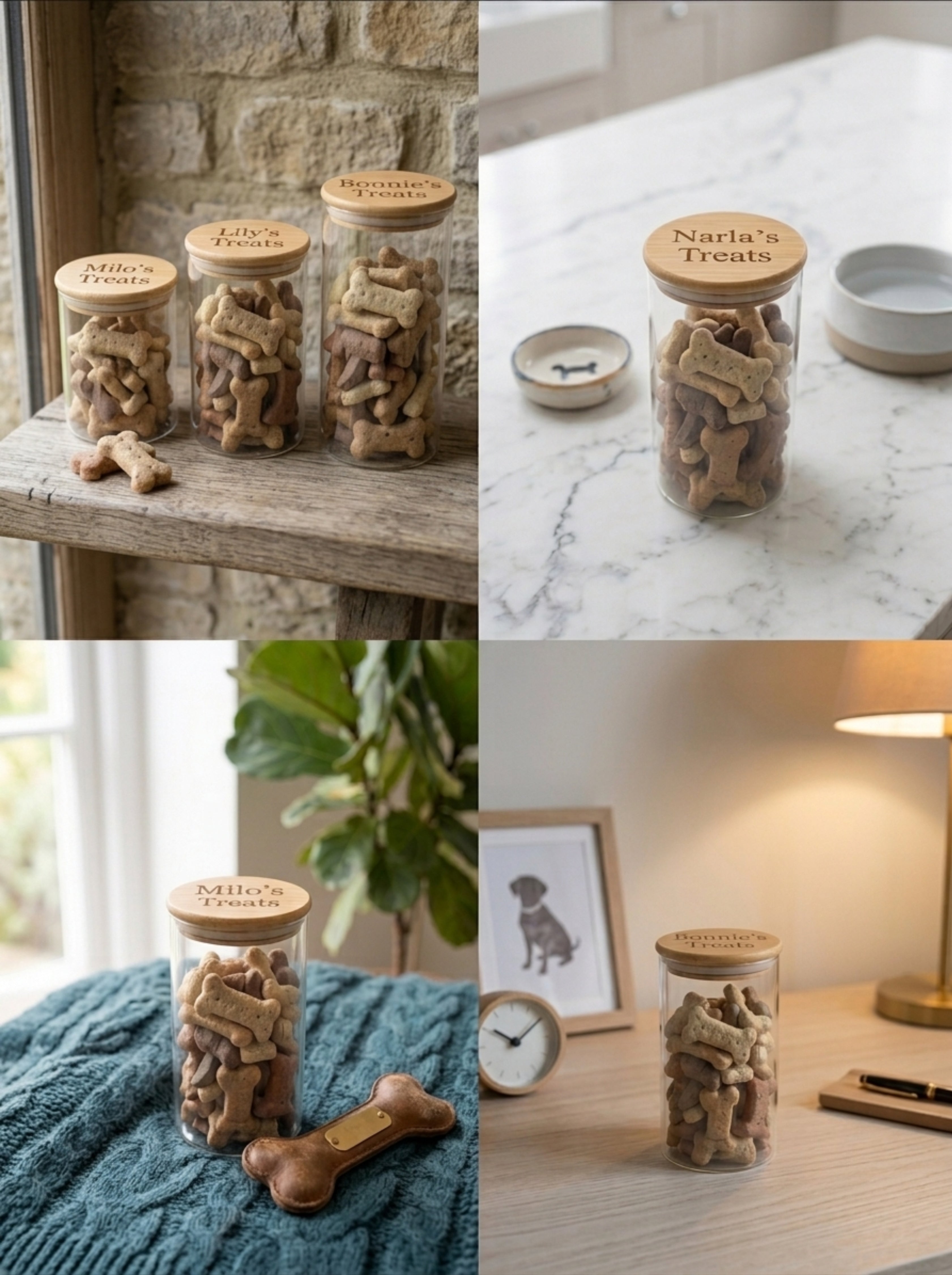 Collage of glass jars with wooden lids containing dog treats, placed in various settings.