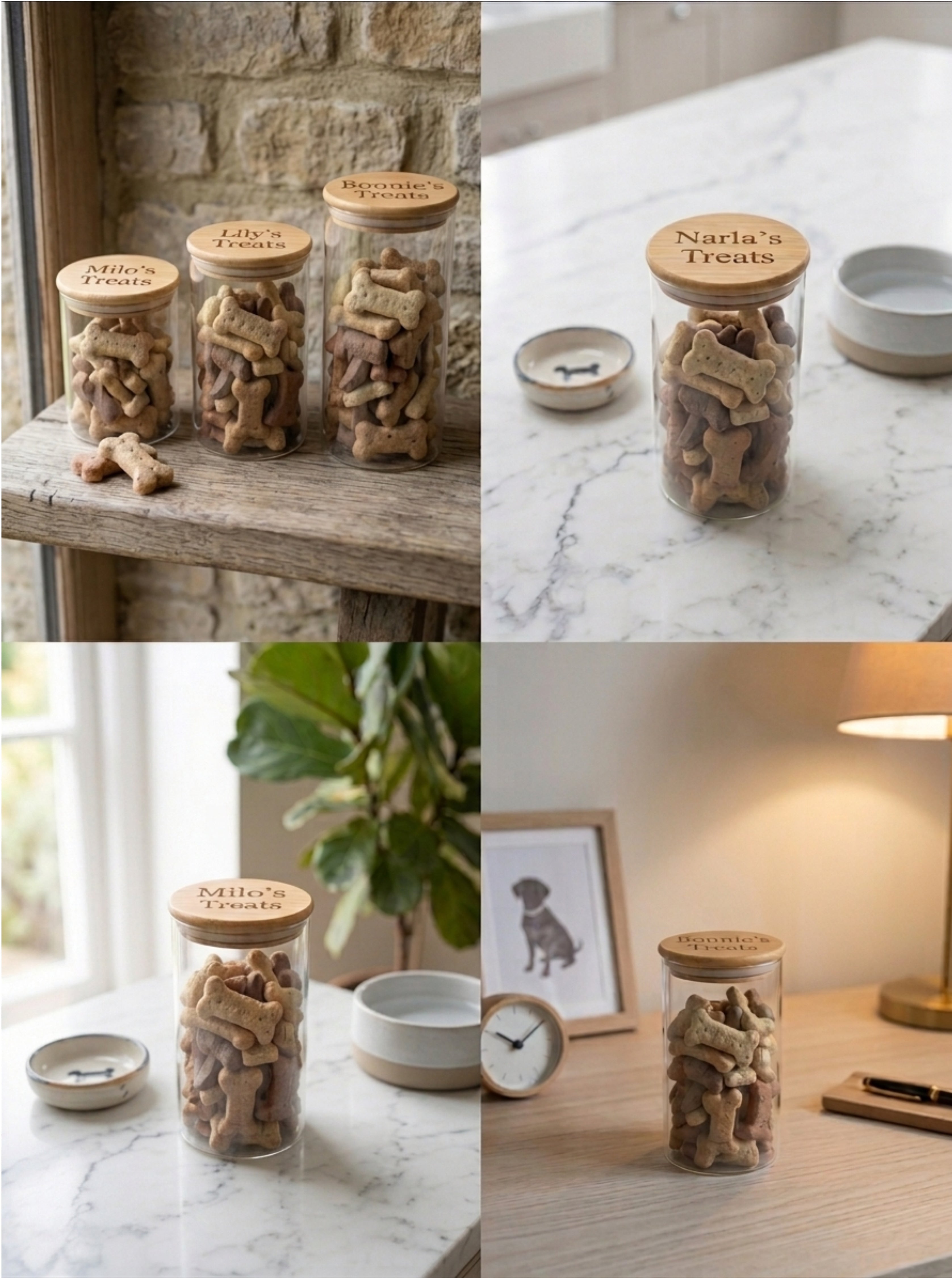 Collage of jars labeled with dog treats on various surfaces