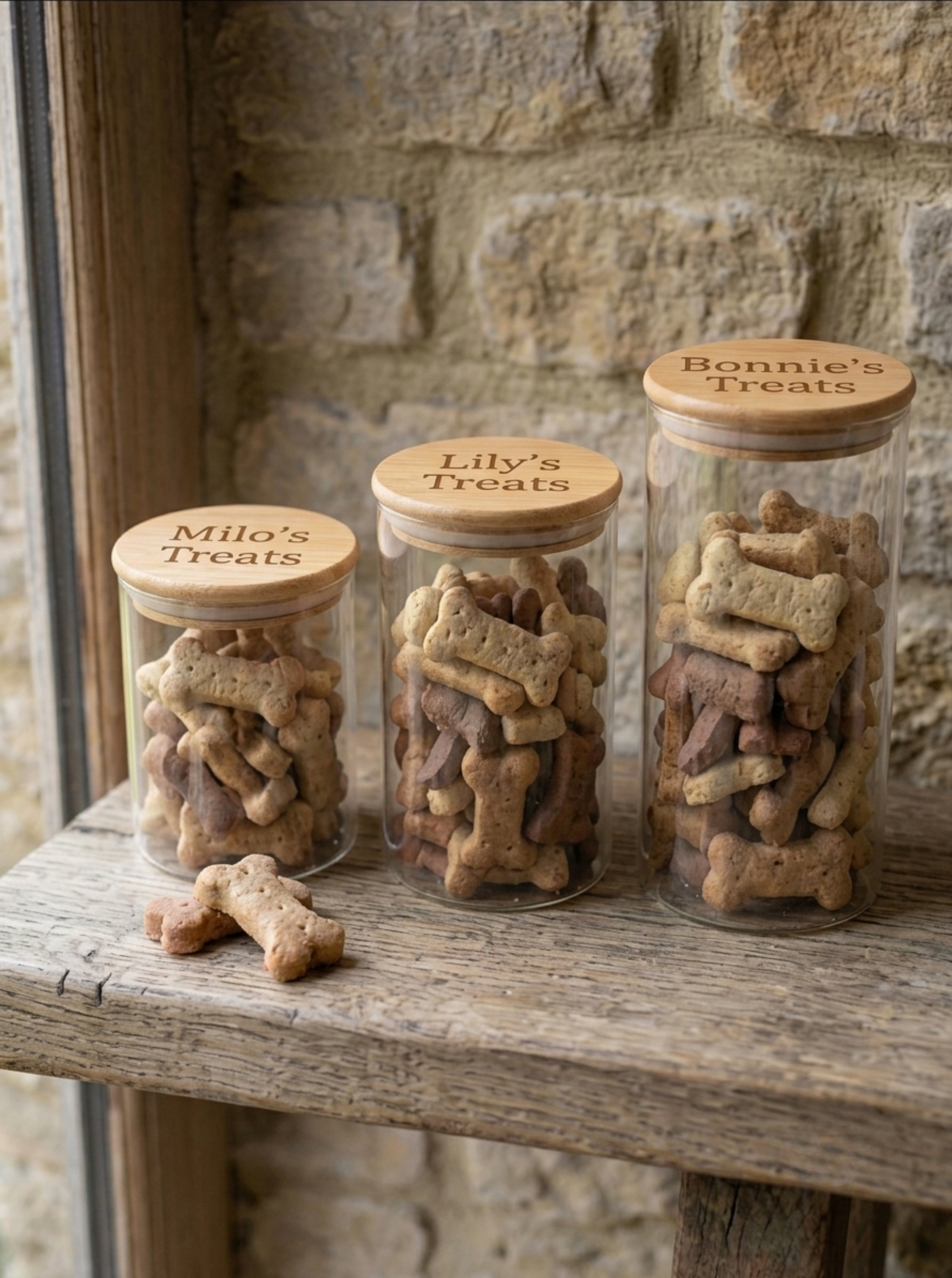 Three glass jars with wooden lids containing dog treats on a stone surface.