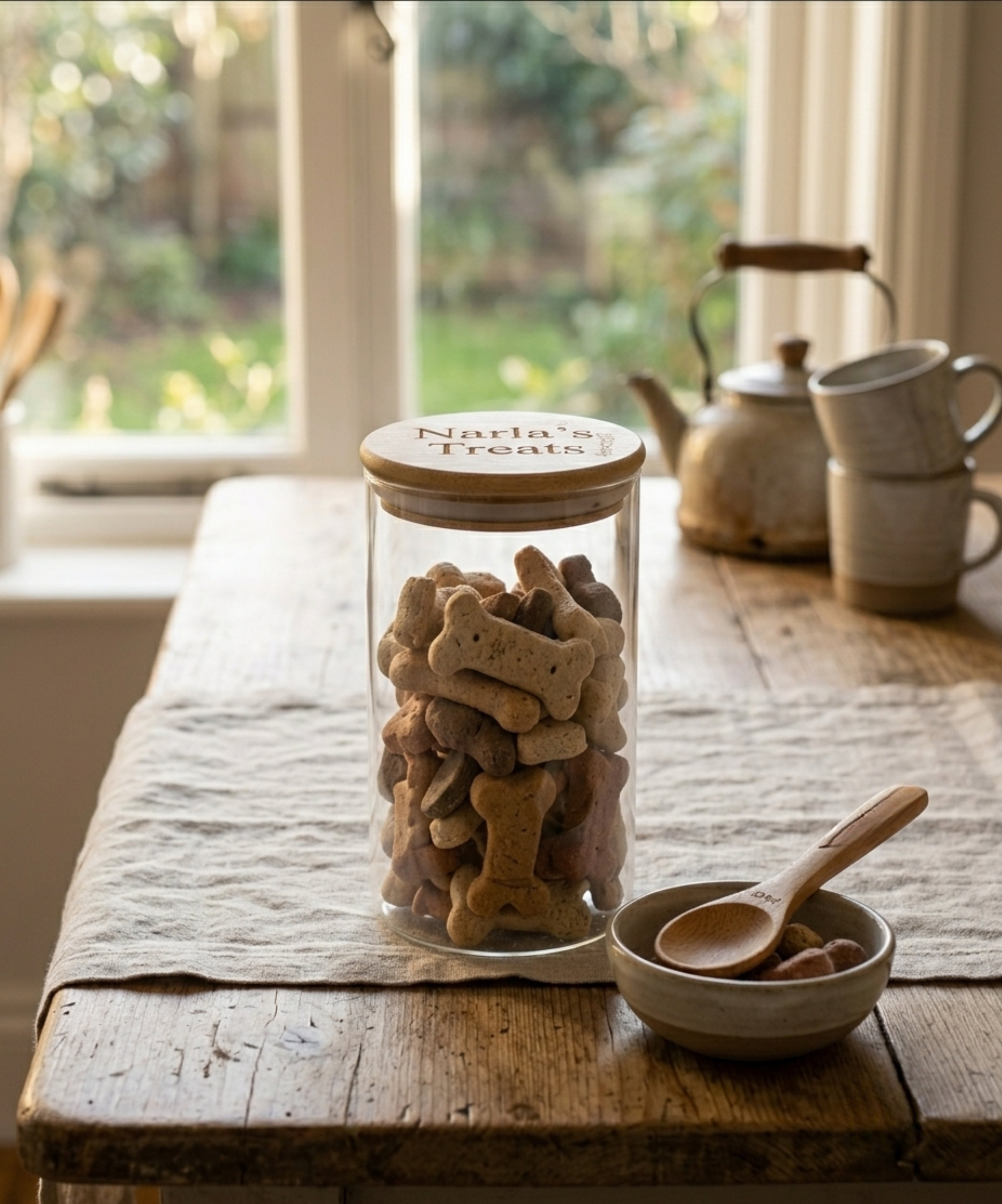 Jar of dog treats labeled 'Nala's Treats' on a wooden table with a teacup and spoon in the background.