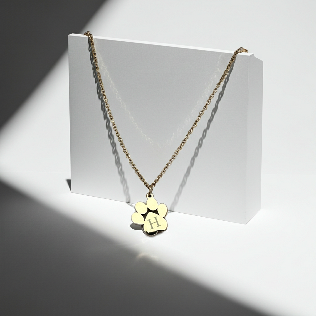 Gold necklace with a paw-shaped pendant on a white stand