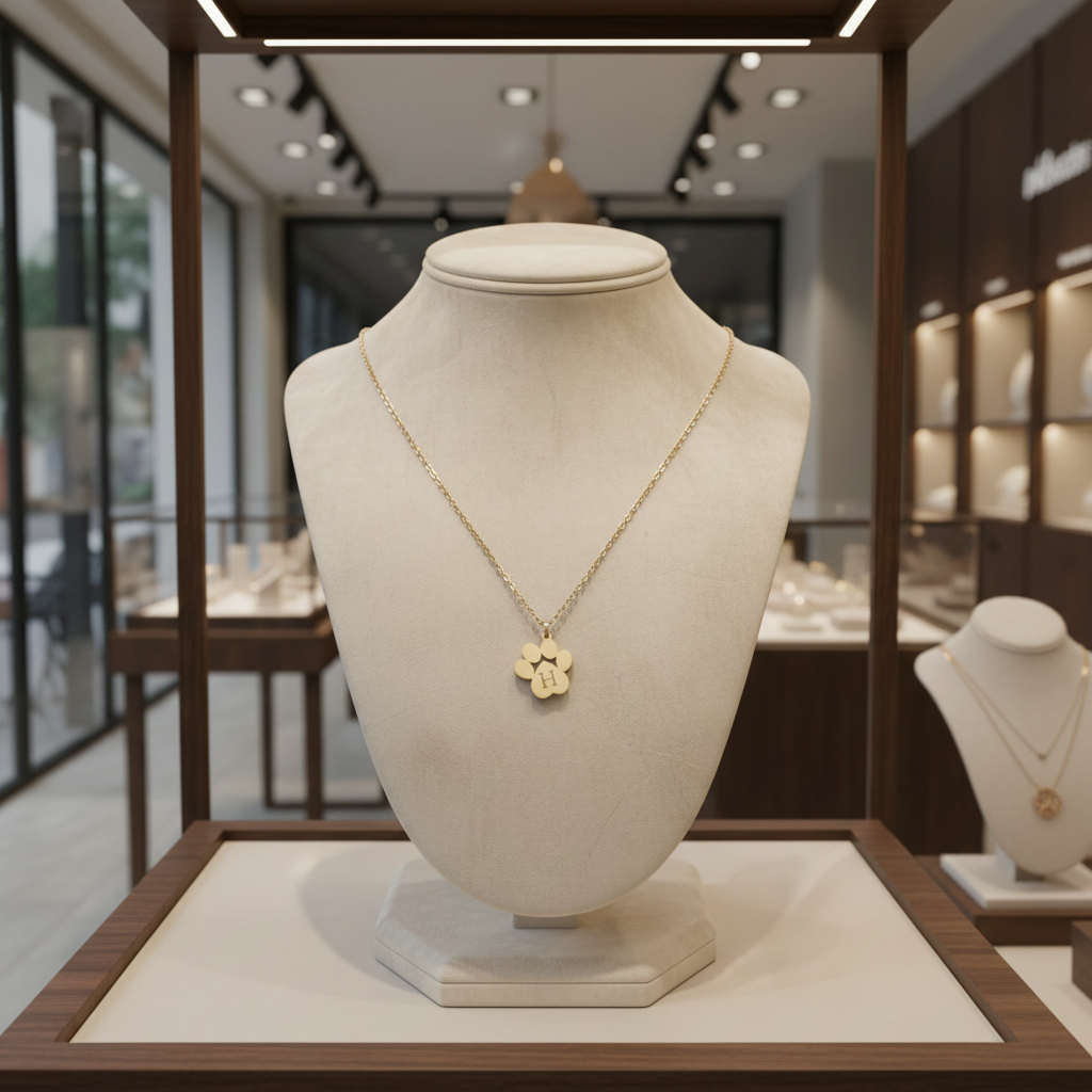 Gold necklace on a mannequin bust in a jewelry store setting
