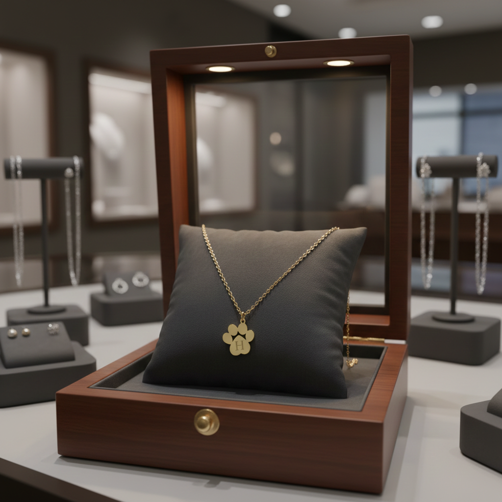 Gold necklace with a pendant displayed in a wooden jewelry box.
