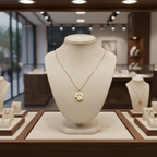 Jewelry display with gold necklace on a mannequin bust in a store setting.