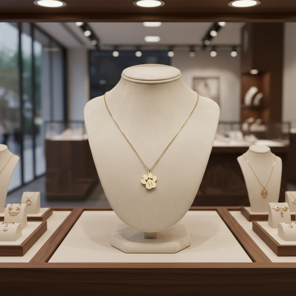 Jewelry display with gold necklace on a mannequin bust in a store setting.
