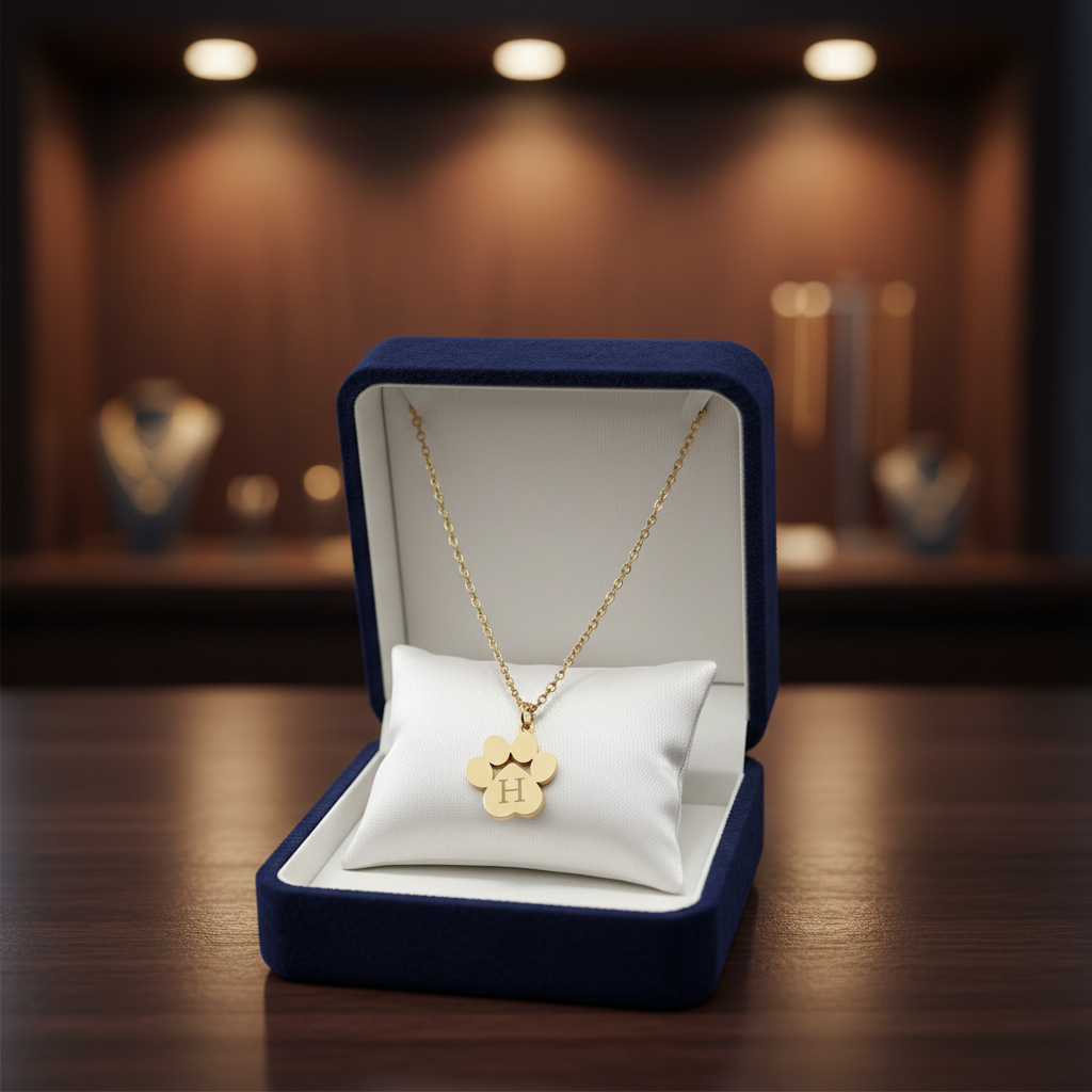 Gold necklace with a pendant in an open blue jewelry box on a wooden surface.