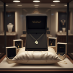 Gold necklace in a black box on a white cushion with a blurred jewelry store background
