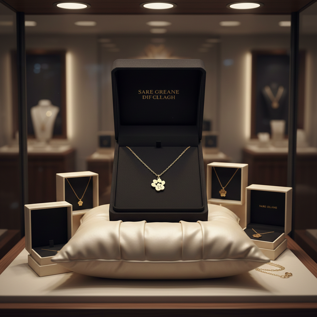 Gold necklace in a black box on a white cushion with a blurred jewelry store background